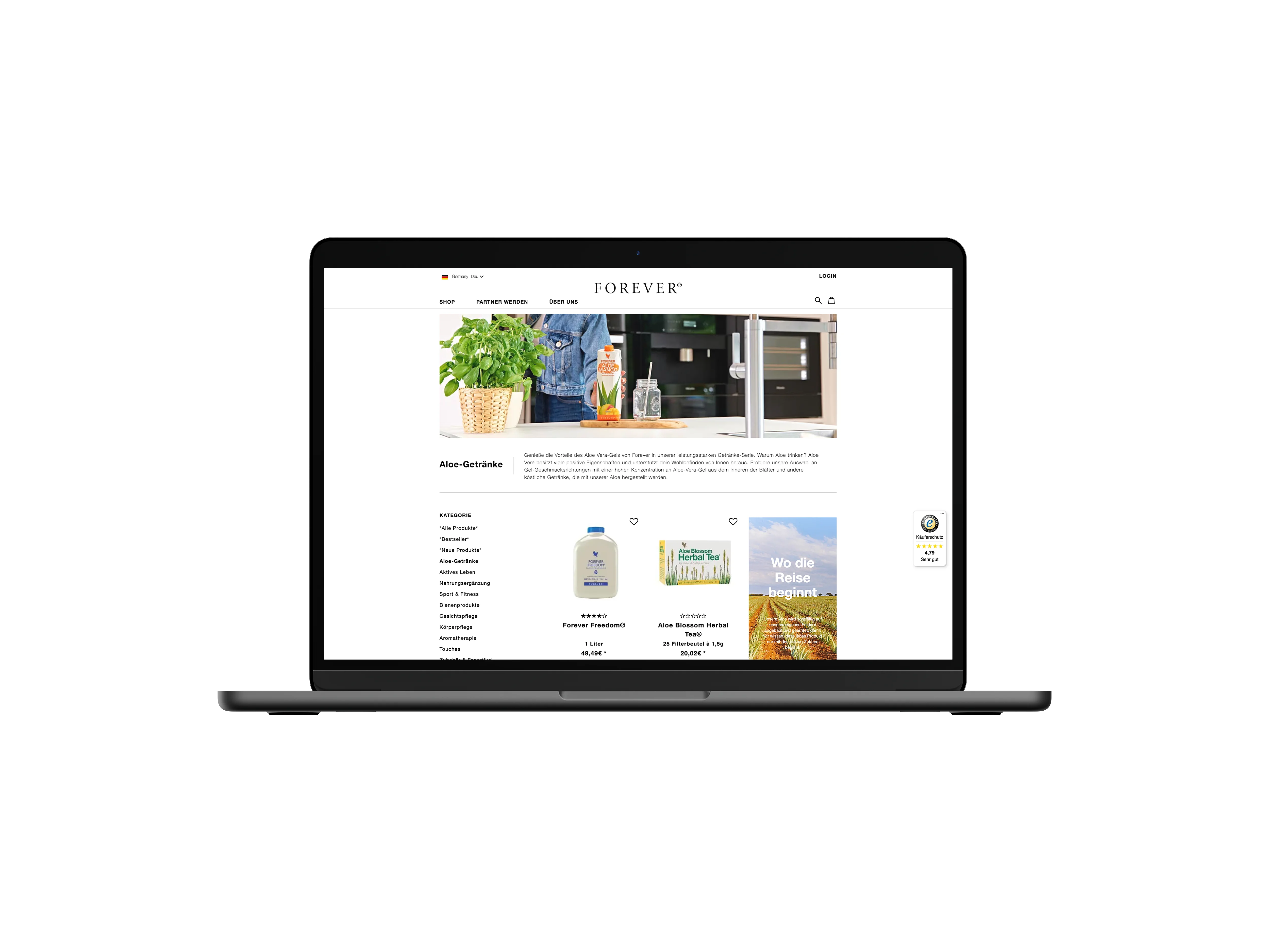 Forever Living Products Onlineshop auf einem Laptop geöffnet