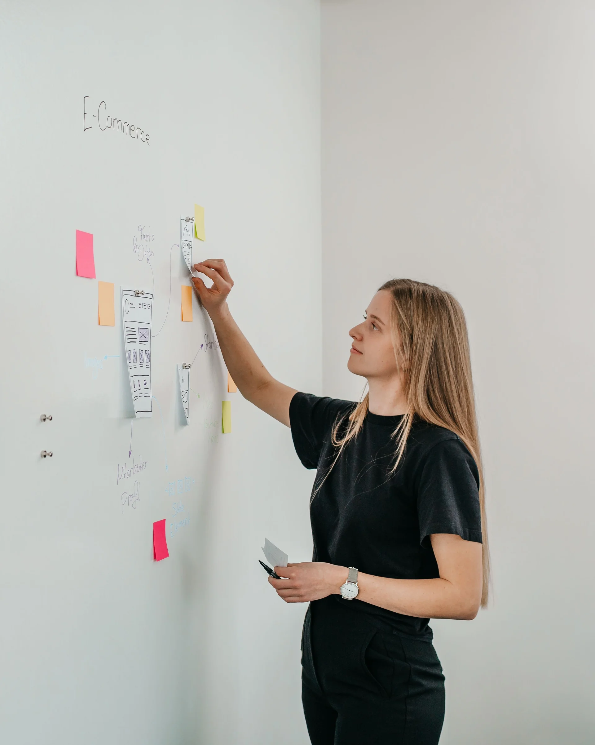 Junge Frau klebt bunte PostIts an ein Whiteboard