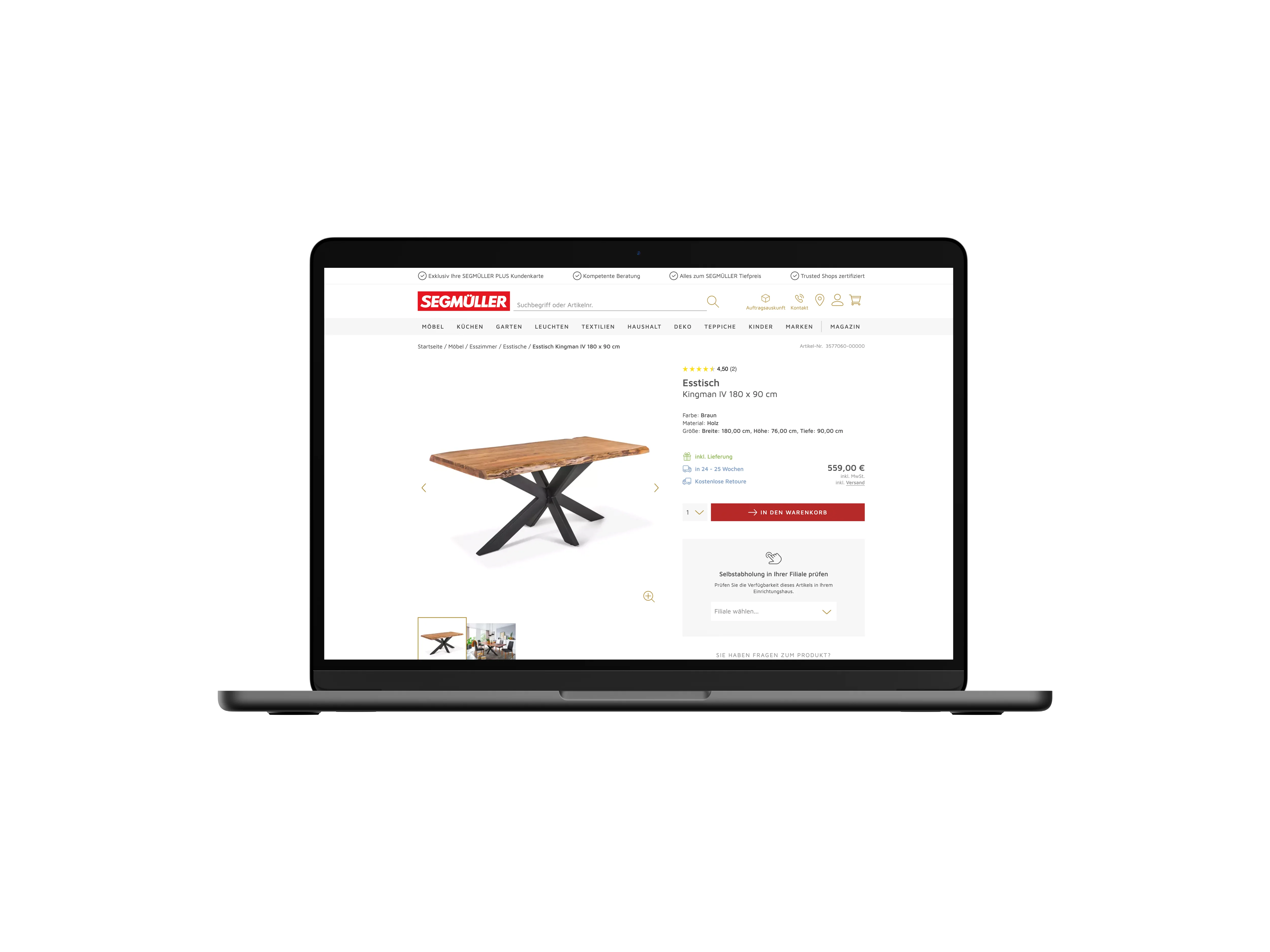 Segmüller Onlineshop auf einem Laptop geöffnet