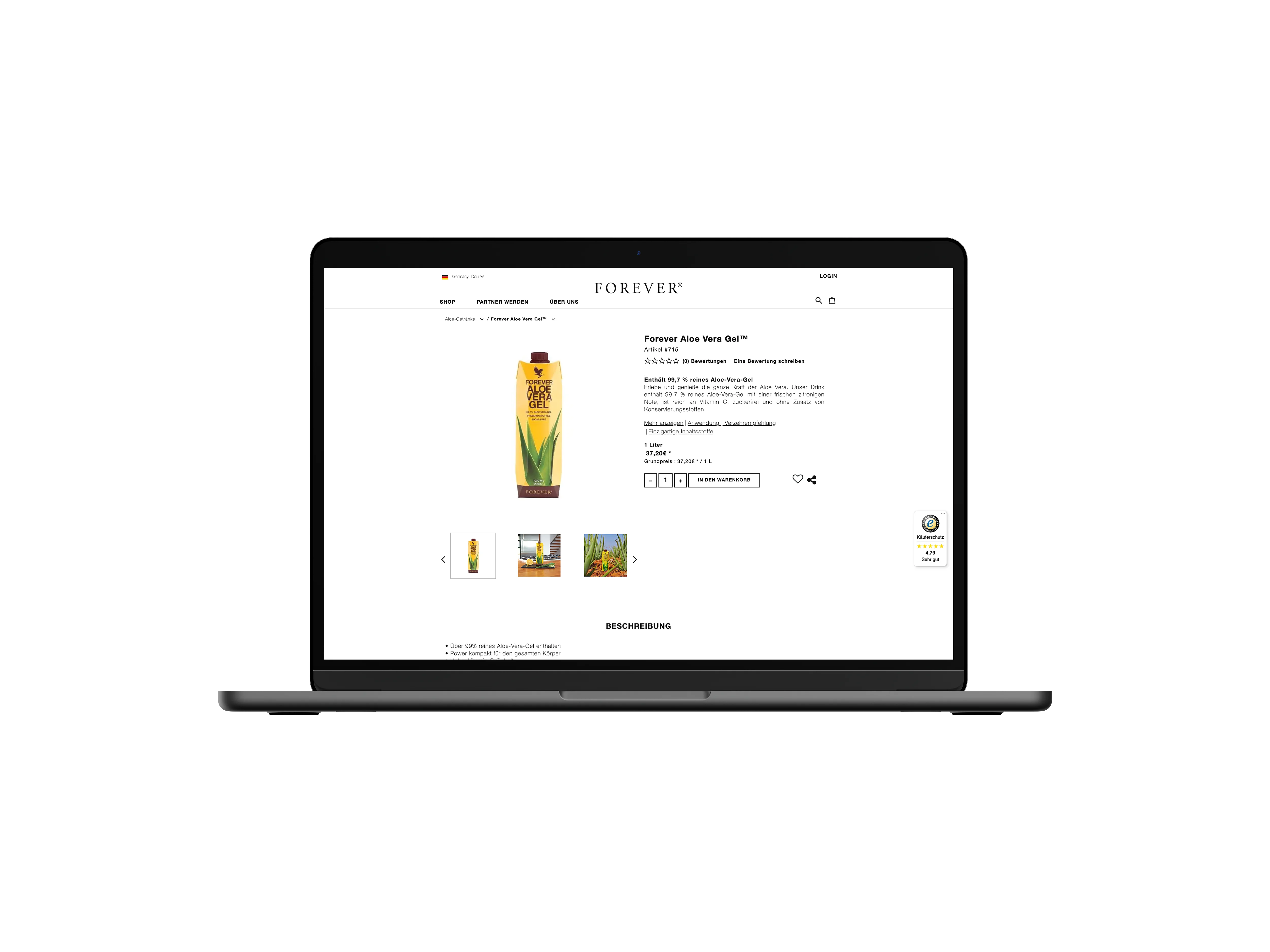 Forever Living Products Onlineshop auf einem Laptop geöffnet