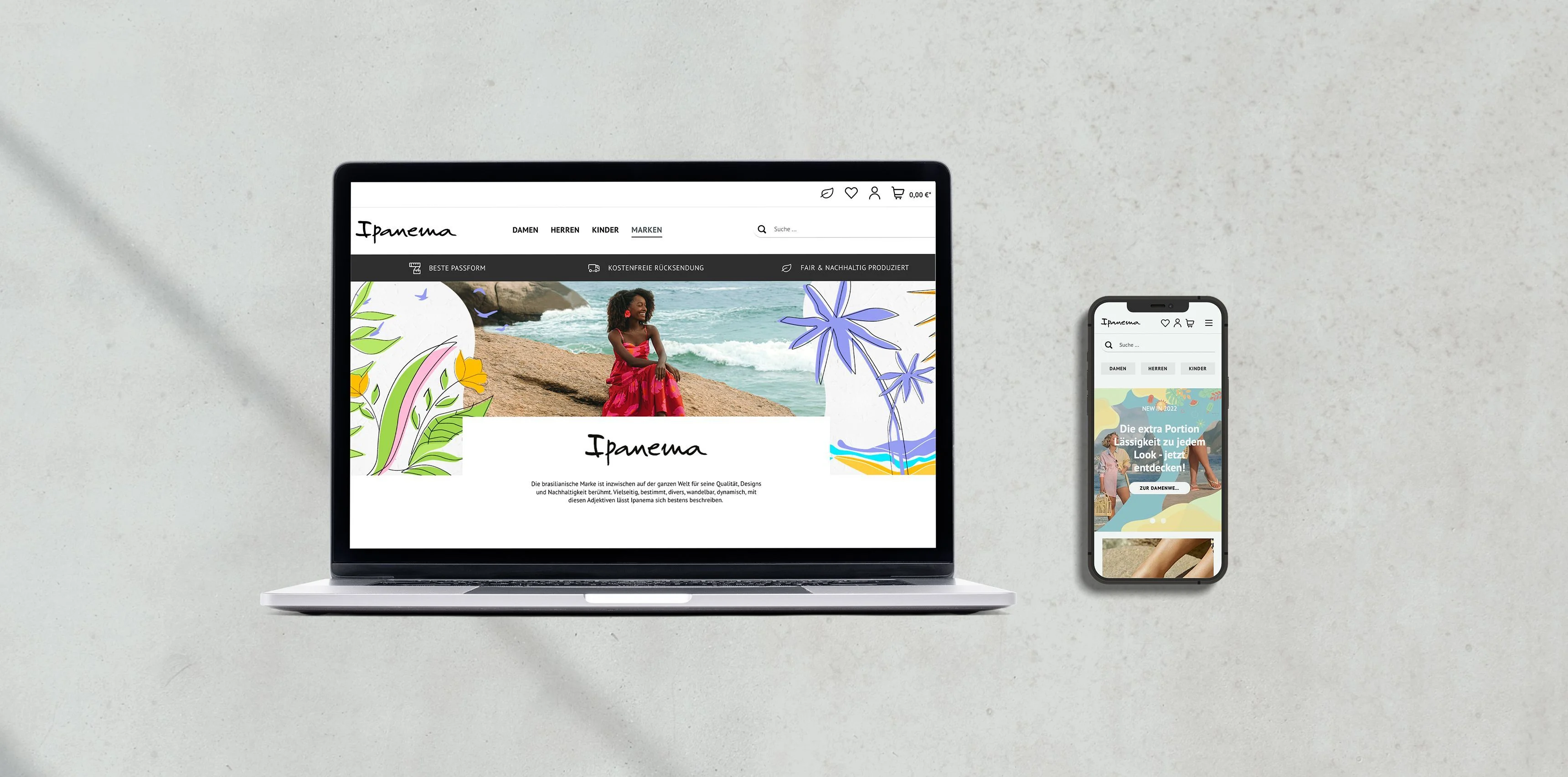 Ipanema Shop auf Laptop und Handy geöffnet