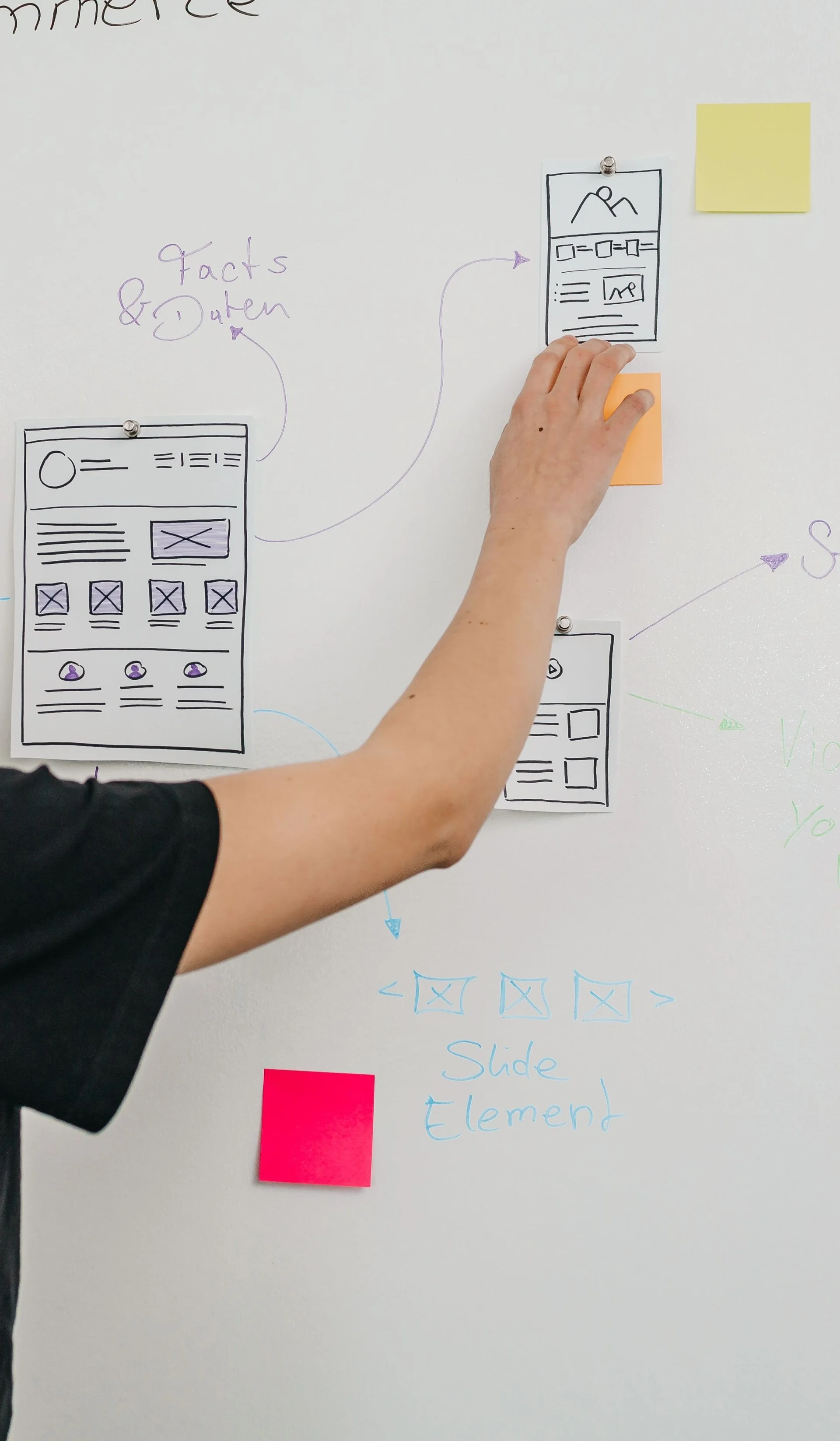 Arm der buntes PostIt an Whiteboard hängt