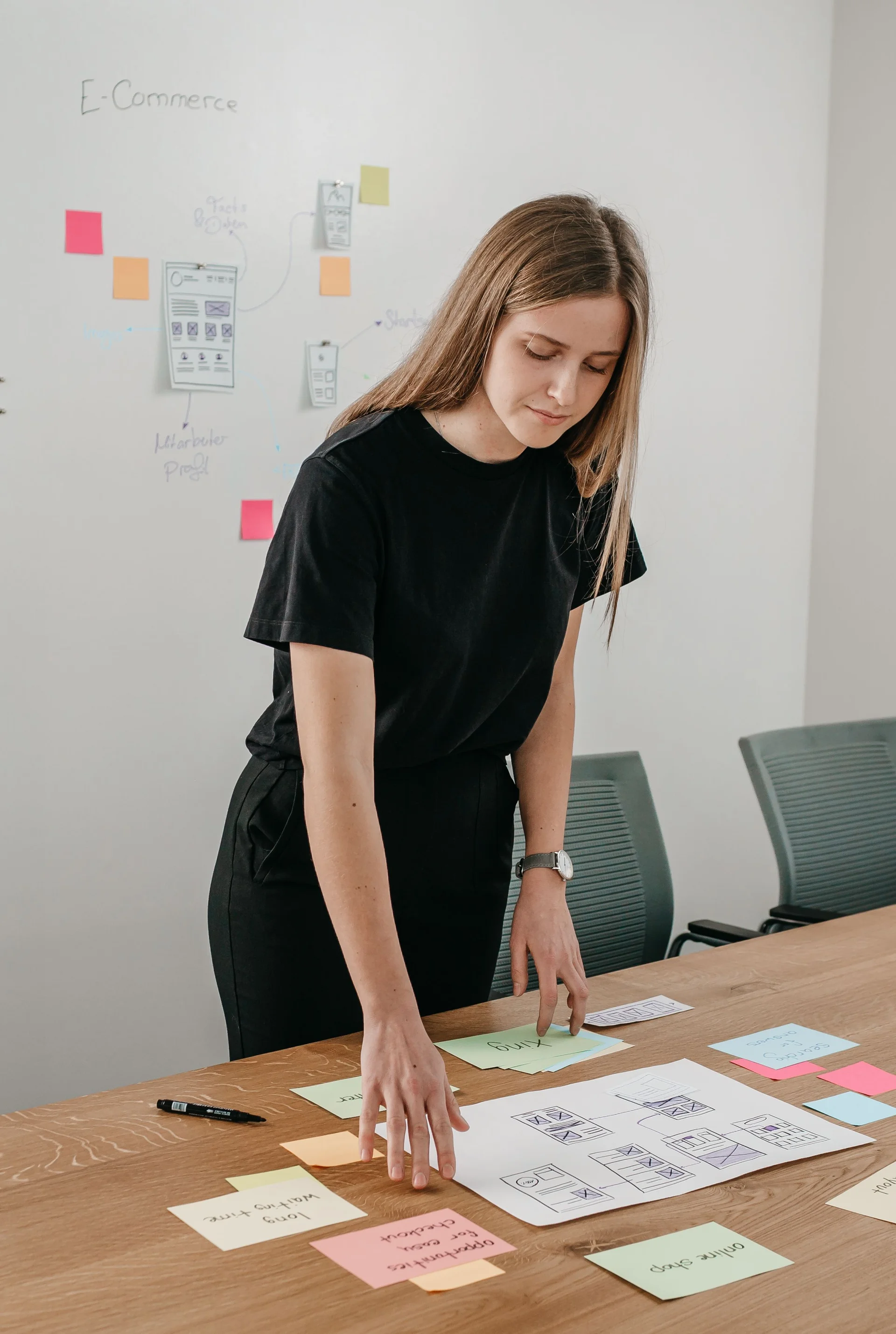 LightsOn Mitarbeiterin sortiert PostIts auf einem Tisch im Konferenzraum