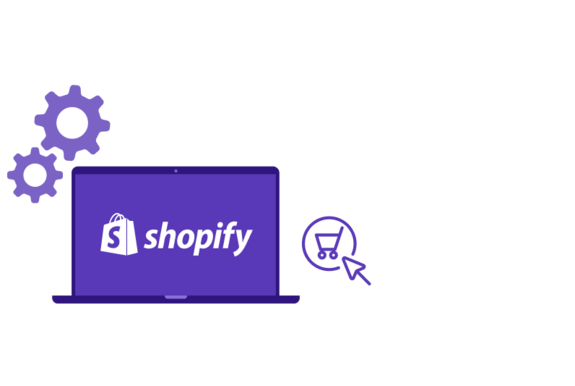 Aufgeklappter Laptop mit lila Bildschirm und Shopify Logo darauf