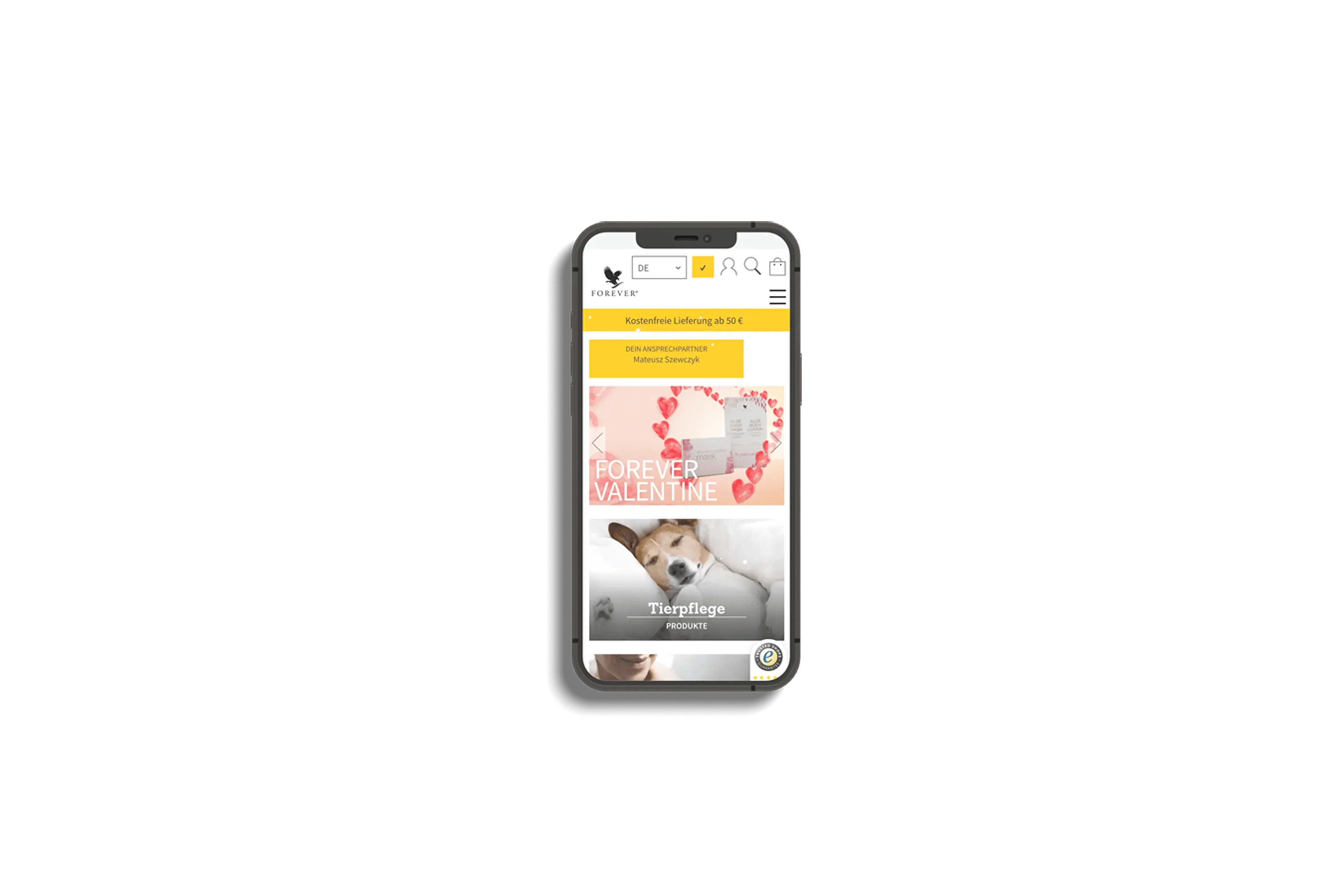 Forever Living Products Onlineshop auf einem Handy geöffnet
