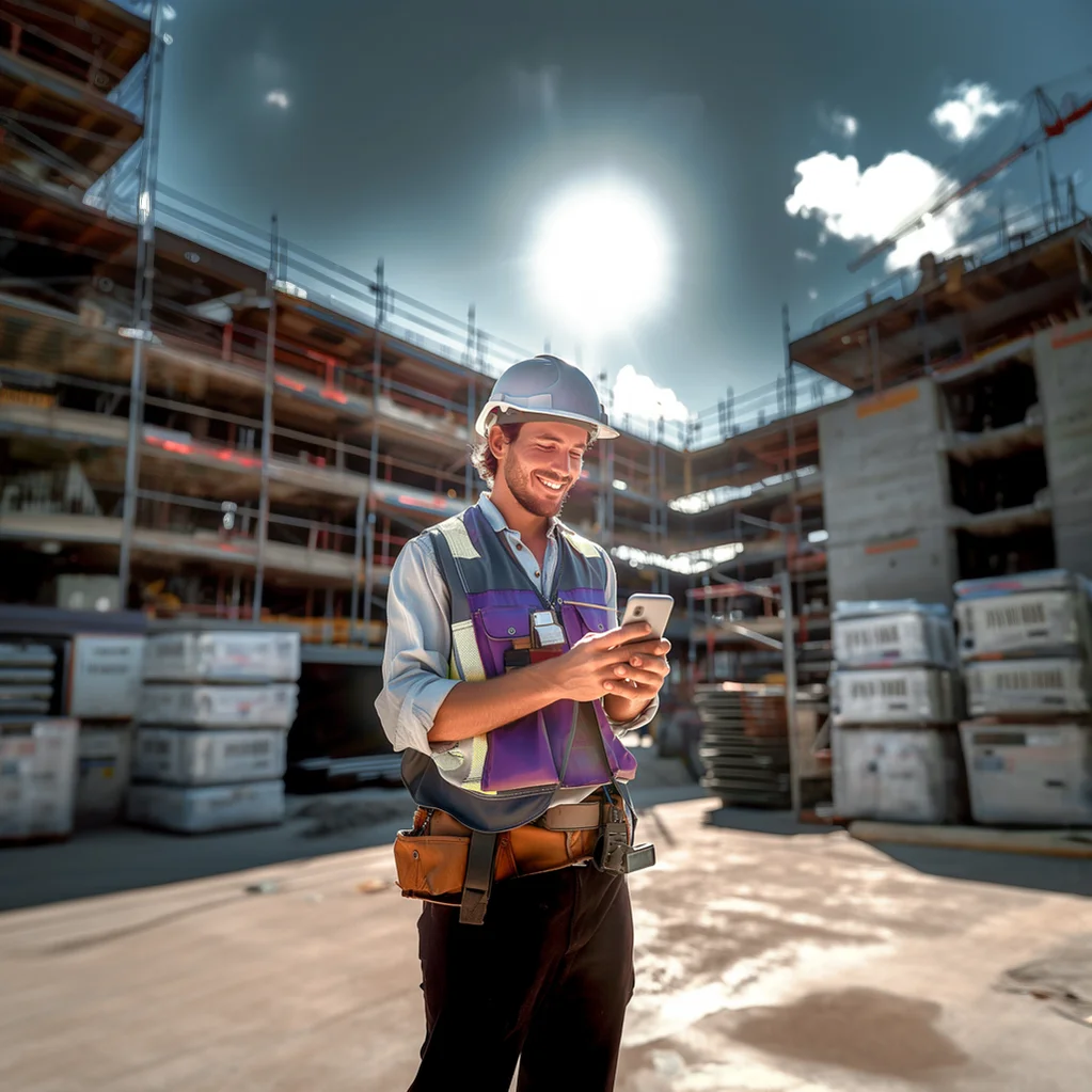 Handwerker auf einer Baustelle der in sein Smartphone schaut