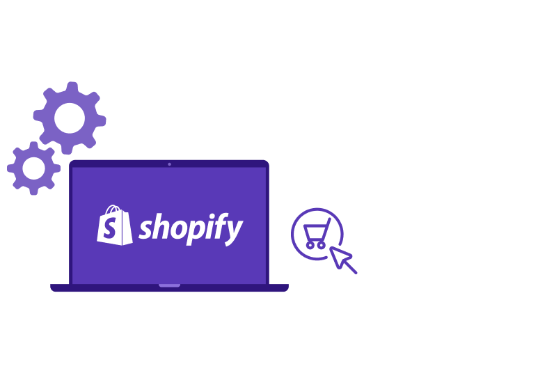 Aufgeklappter Laptop mit lila Bildschirm und Shopify Logo darauf