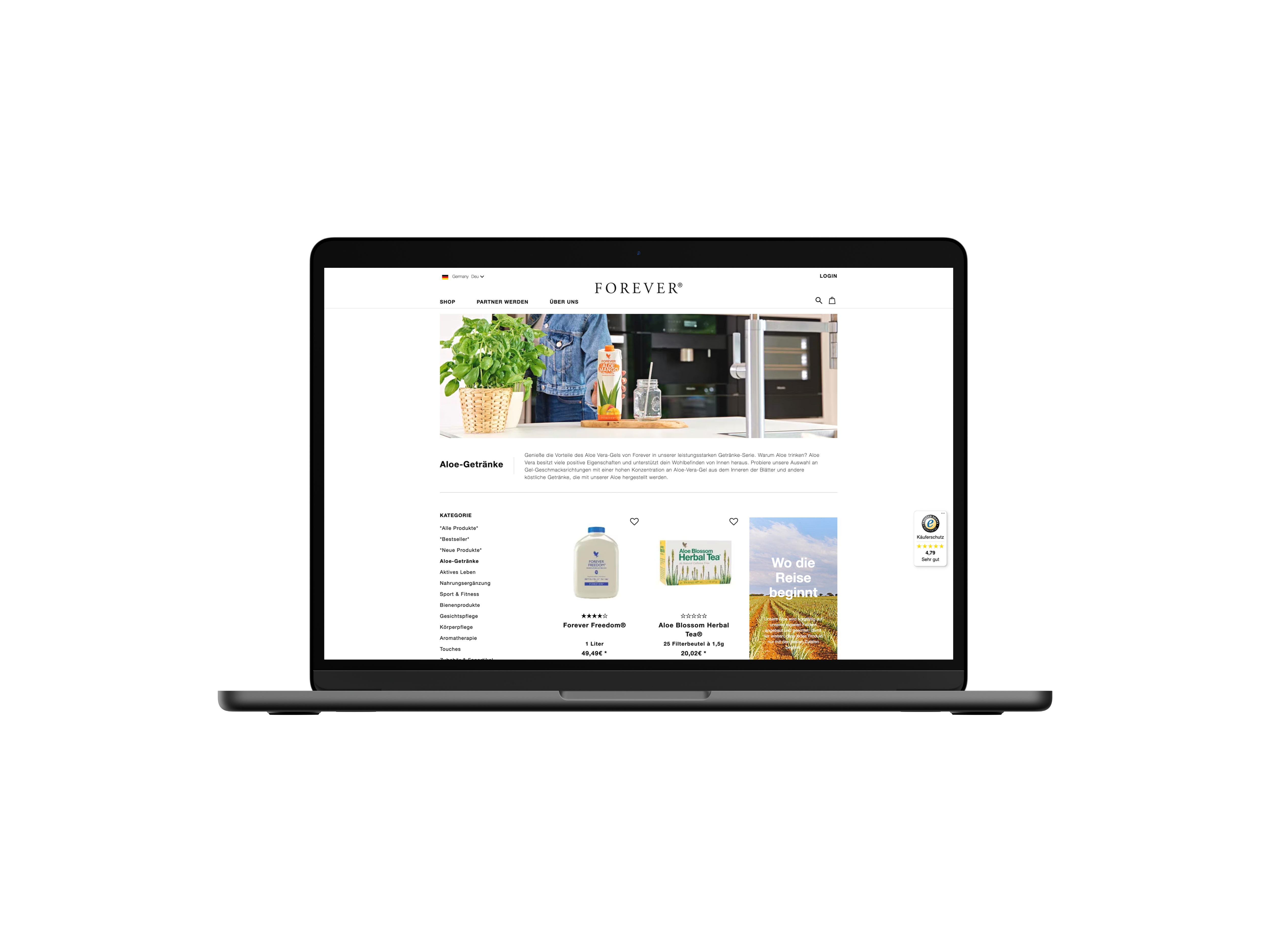 Forever Living Products Onlineshop auf einem Laptop geöffnet
