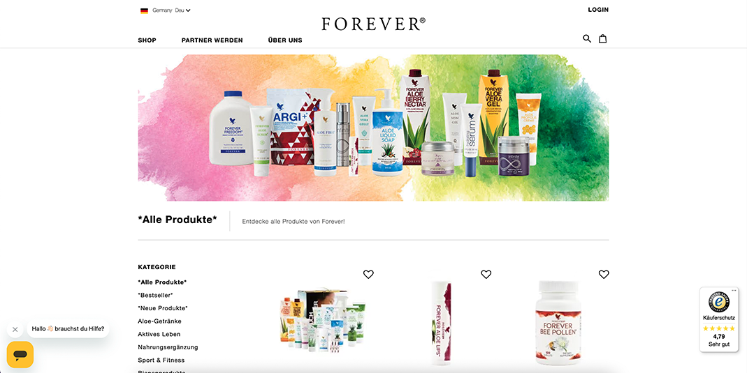 Startseite des Forever Living Products Onlineshops